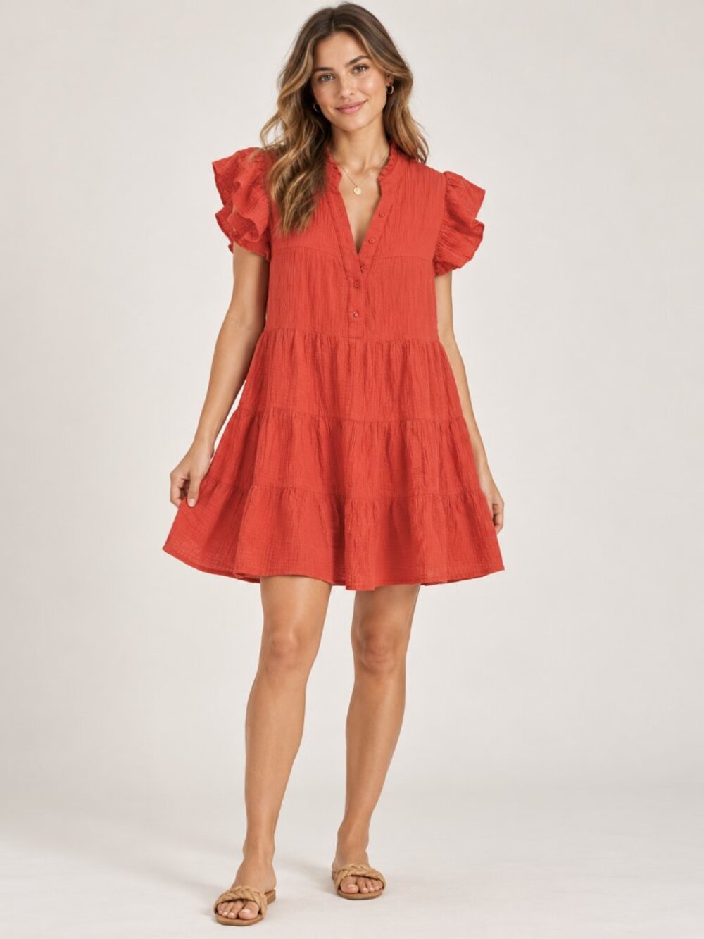 Salty Lemon Size M Coral Orange Cotton Gauze Tiered Mini Dress Ruffle Sleeve